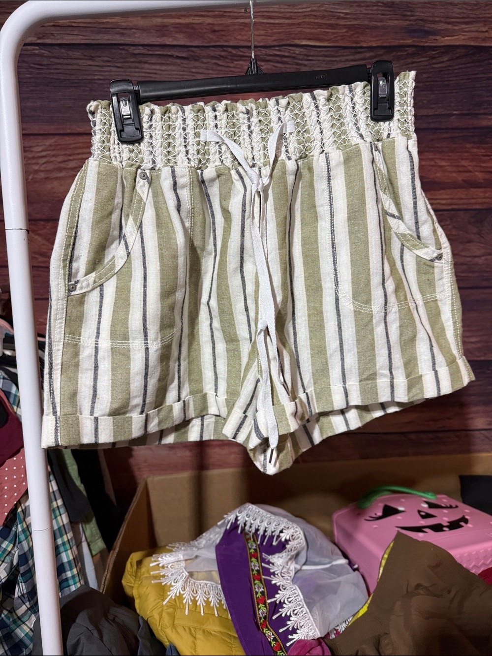 Striped Smocked simply blessed like new  Waist Women's Shorts - Olive & White
